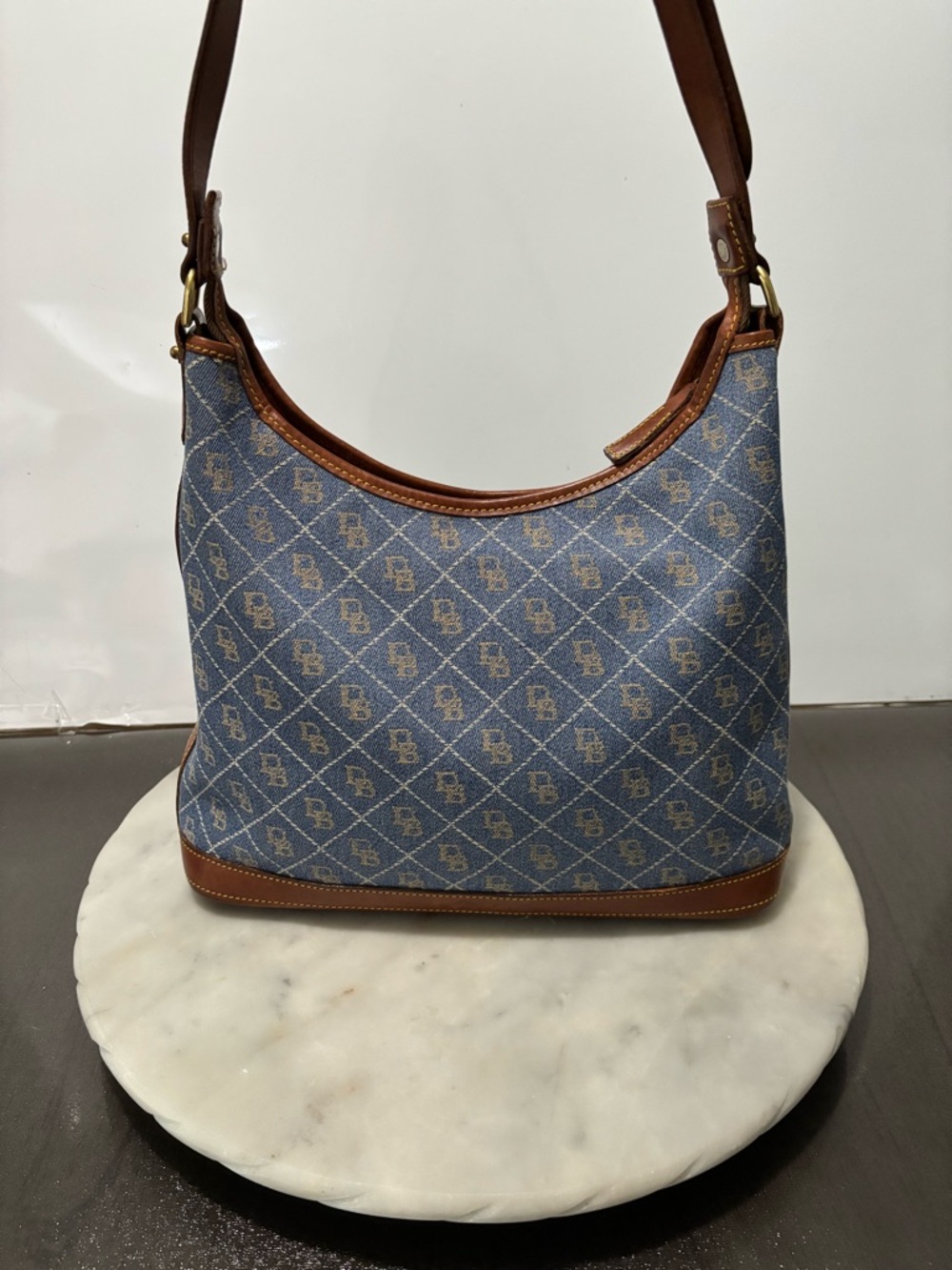 Y2K Dooney & Bourke Signature Denim Shoulder Bag Hobo Monogram Leather Trim